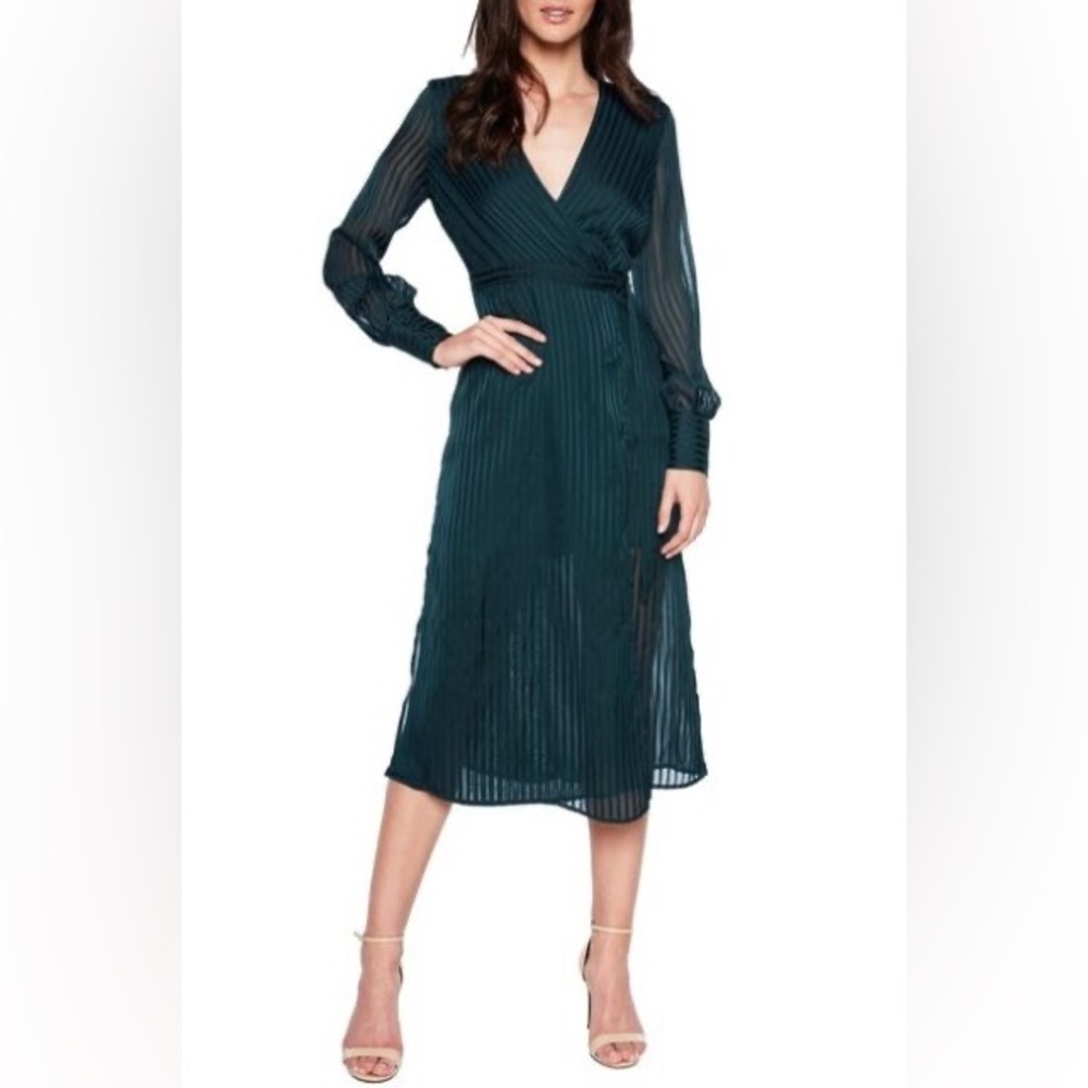 Bardot Green Wrap Midi Dress with Bishop Sleeves